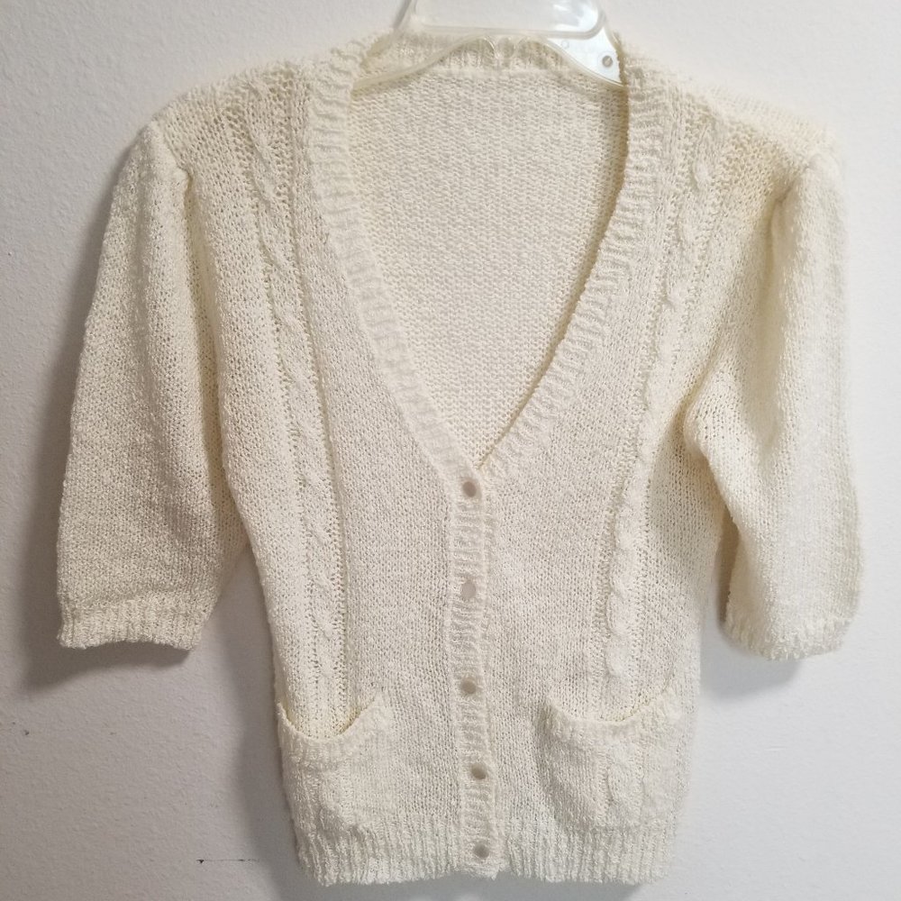 Hand Knitted White Button Up Short Sleeve Sweater